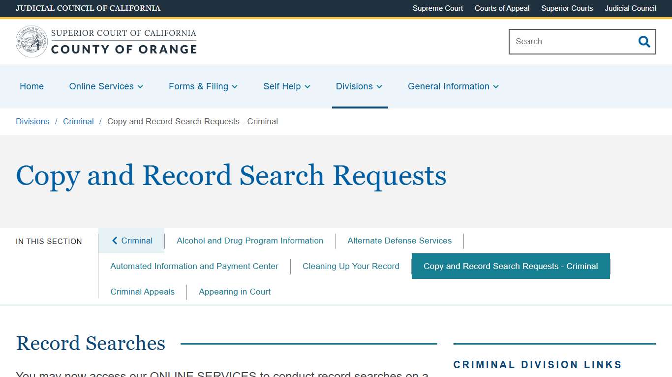 Copy and Record Search Requests - Criminal Superior Court of California County of Orange